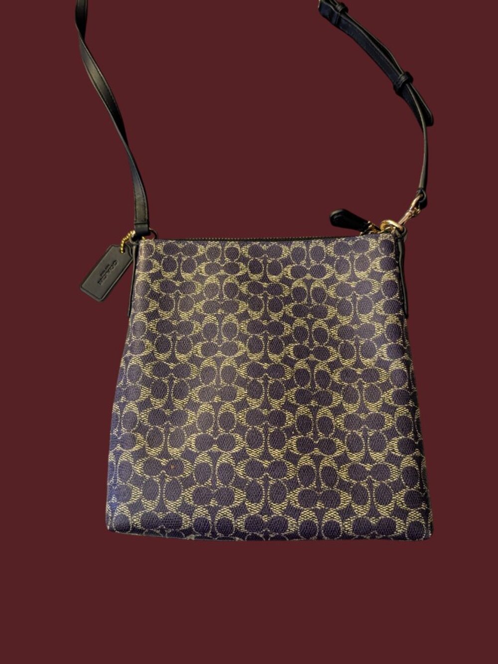 Coach Signature Purple And Black Leather Trim Coated Canvas Cross Body Purse - Picture 8 of 16